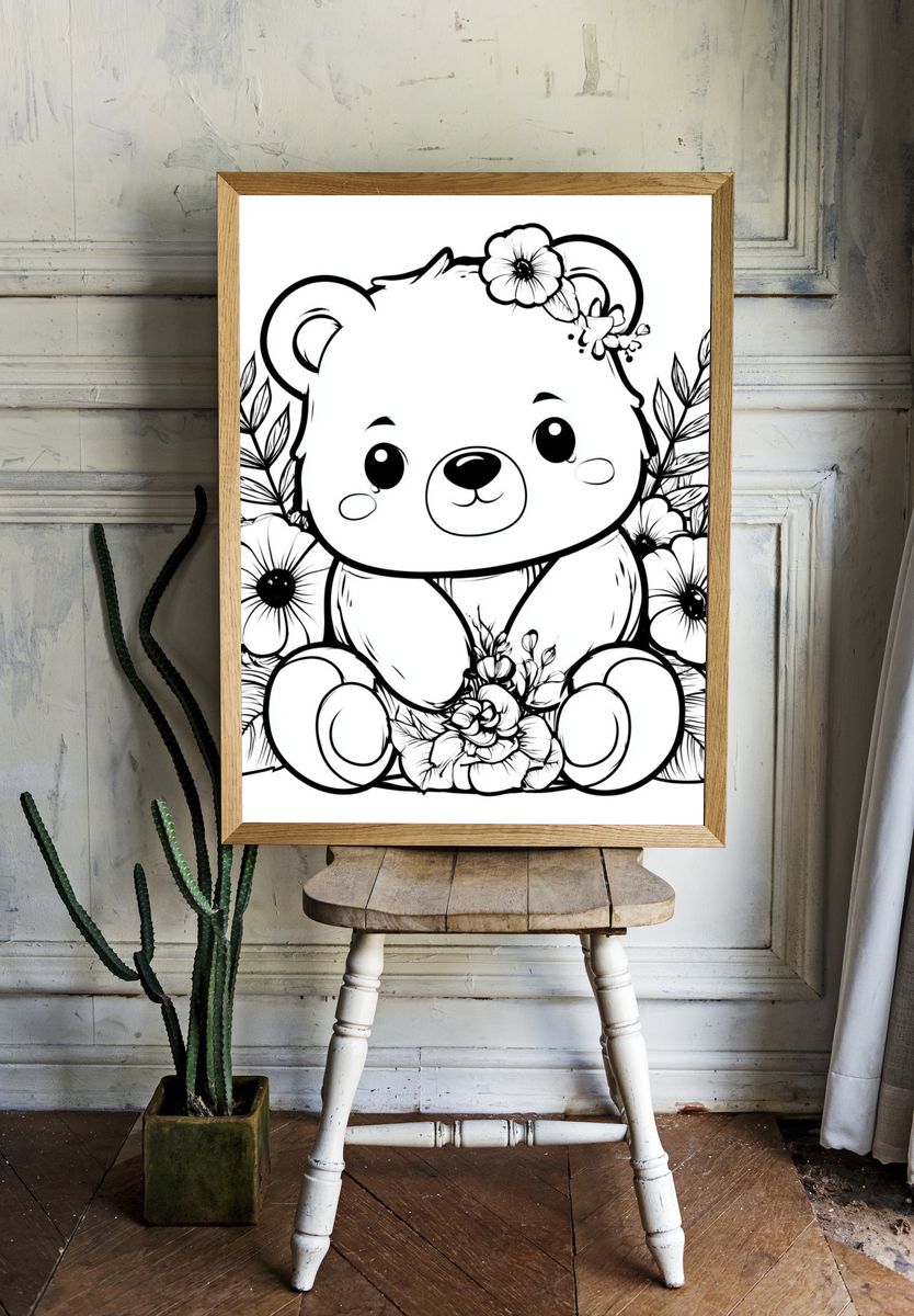 Floral Teddy Bear Illustration Poster. room preview