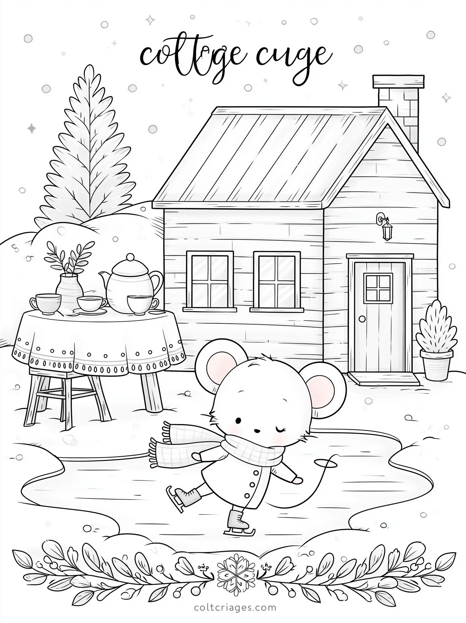 Cozy Cottage Winter Coloring Poster. poster detail
