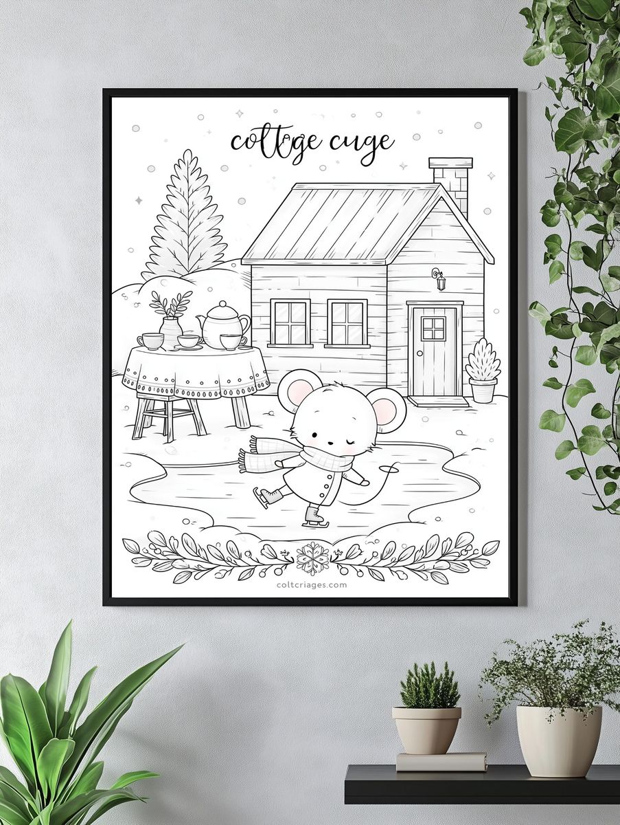 Cozy Cottage Winter Coloring Poster. — room view 4