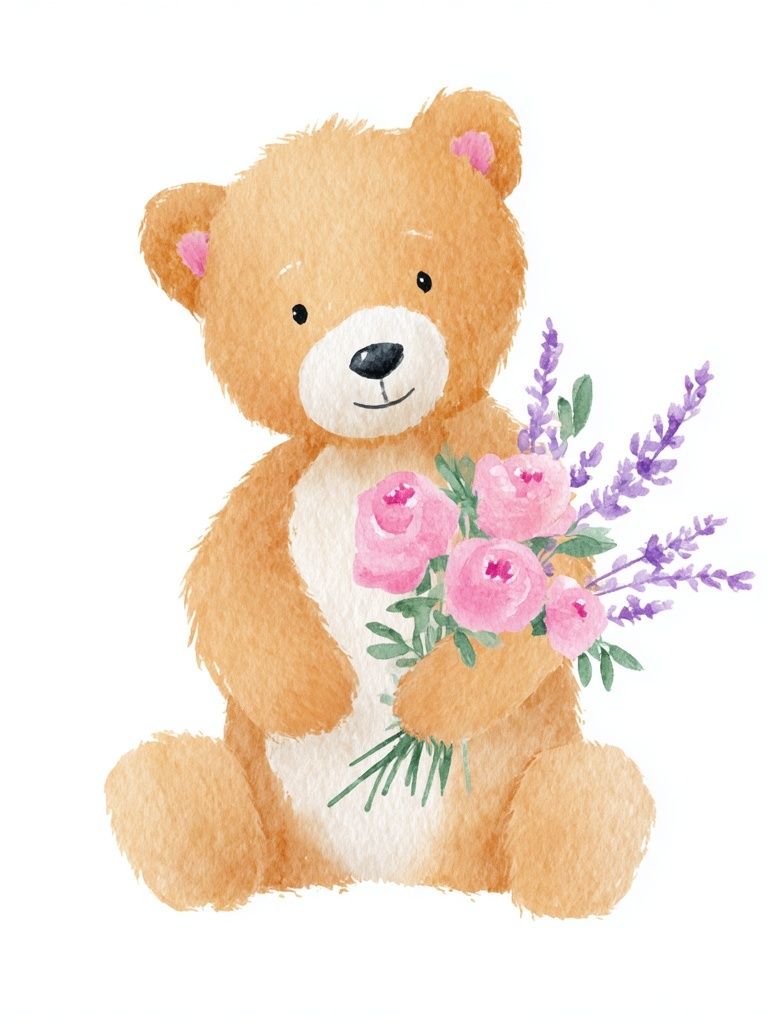 Cute Bear with Flowers — Watercolor Print. poster — kids art