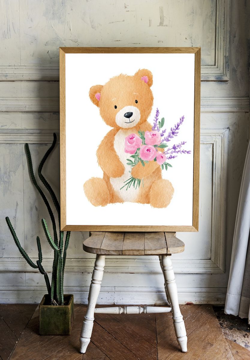 Cute Bear with Flowers — Watercolor Print. room preview