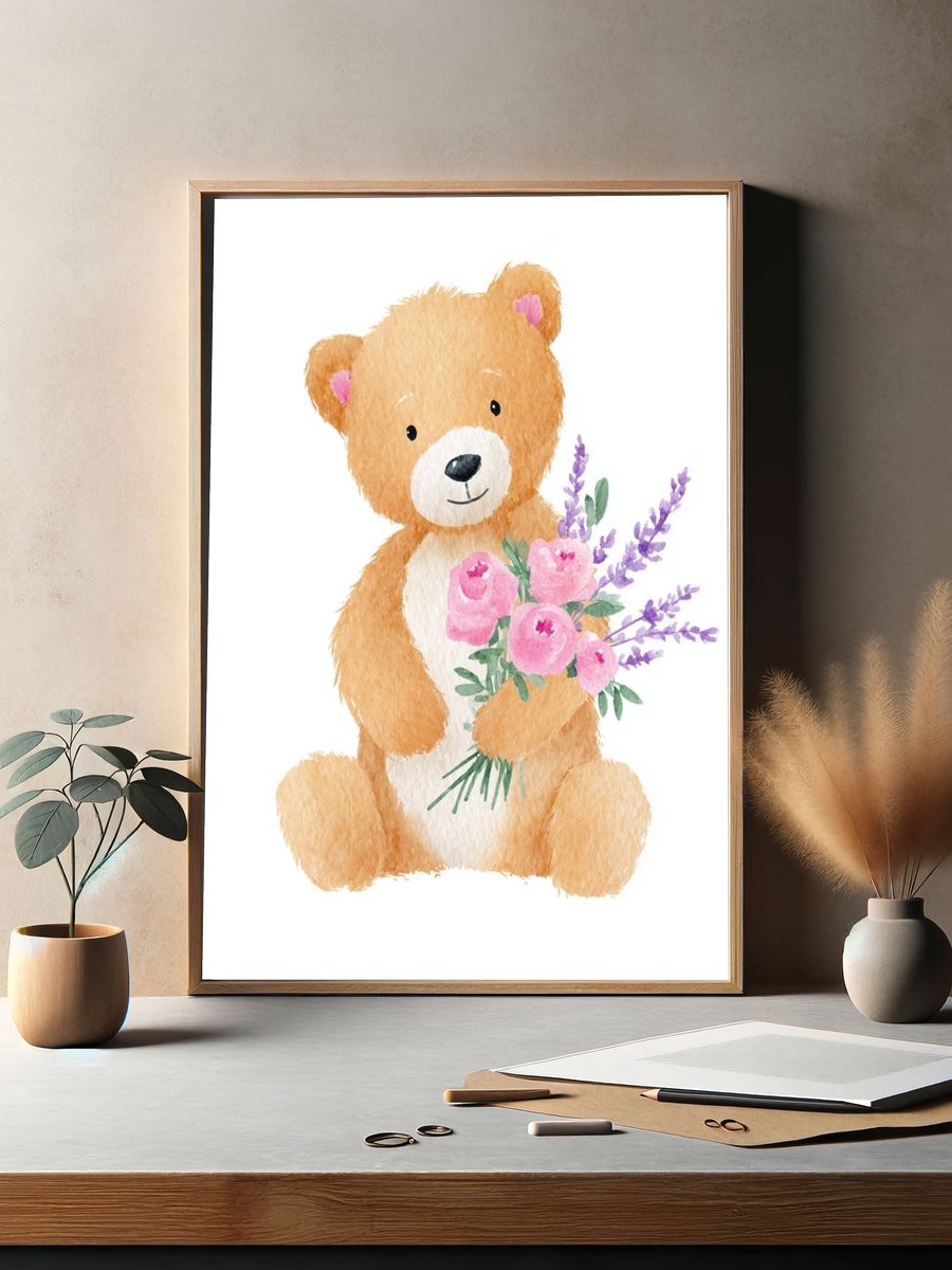Cute Bear with Flowers — Watercolor Print. — room view 2