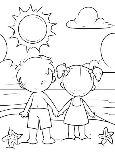 Kids Beach Friends Coloring Poster.