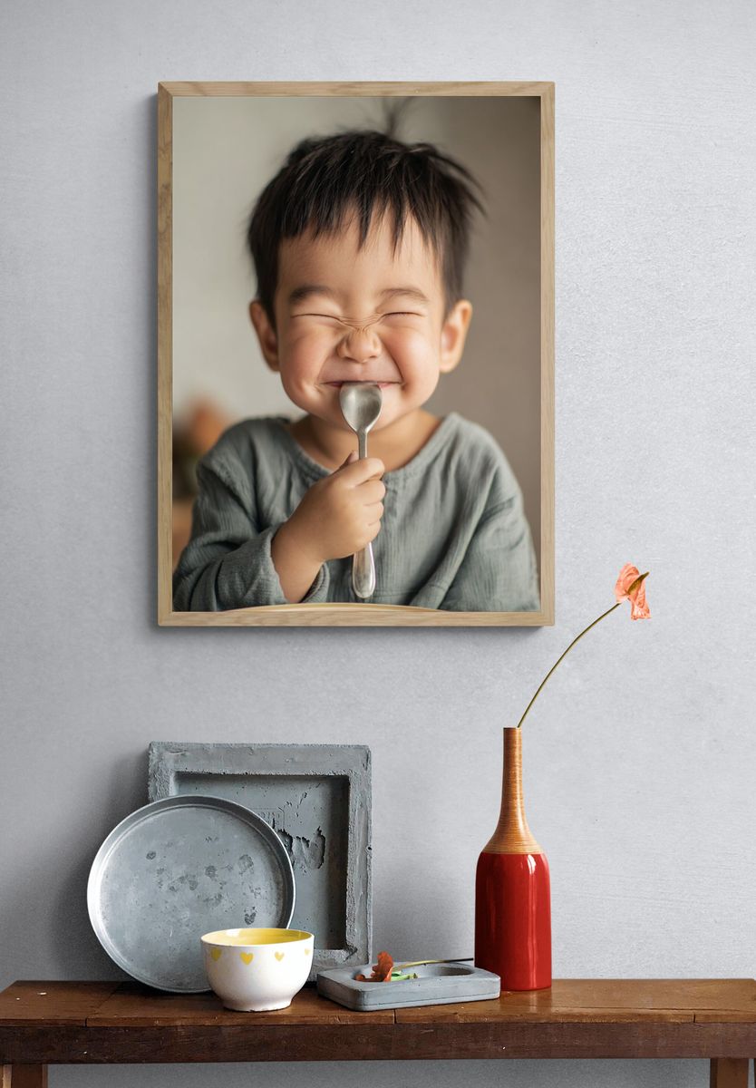 Happy Child with Spoon — Photography Print. — room view 3