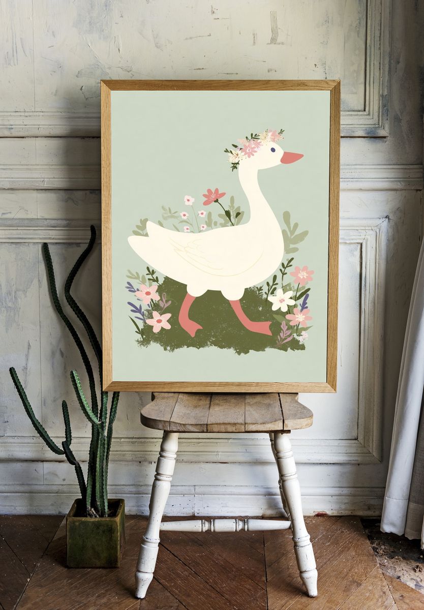 Floral Goose Nursery Print. room preview