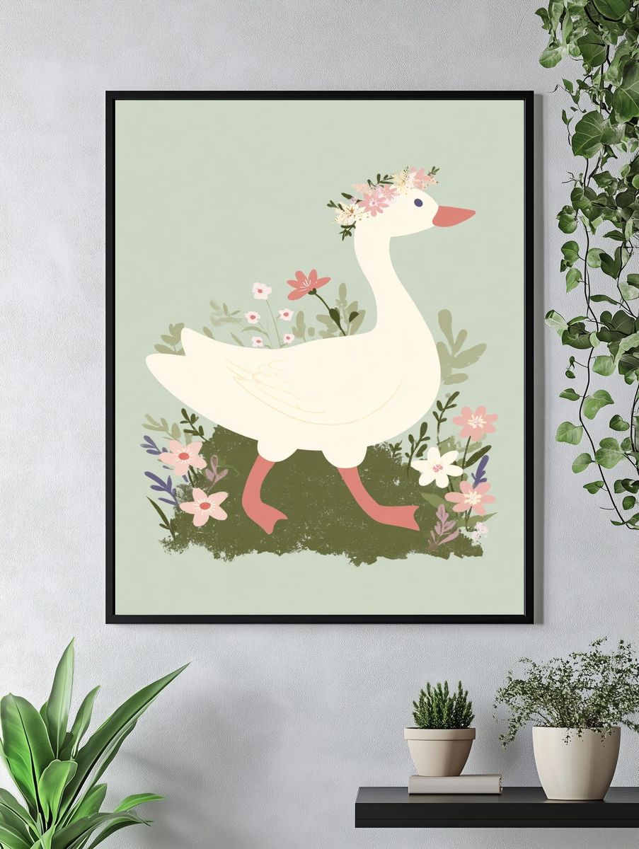 Floral Goose Nursery Print. — room view 4