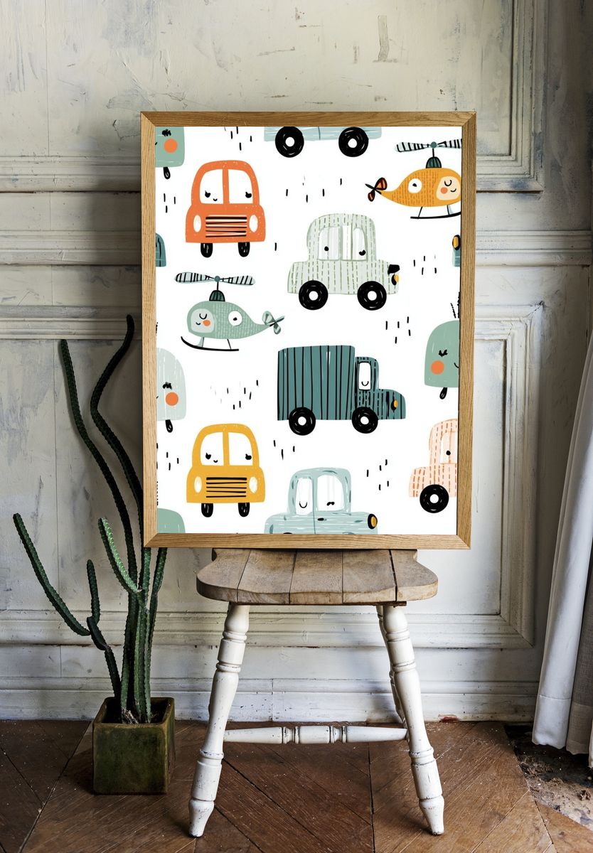 Cute Vehicles Nursery Print. — room view 1