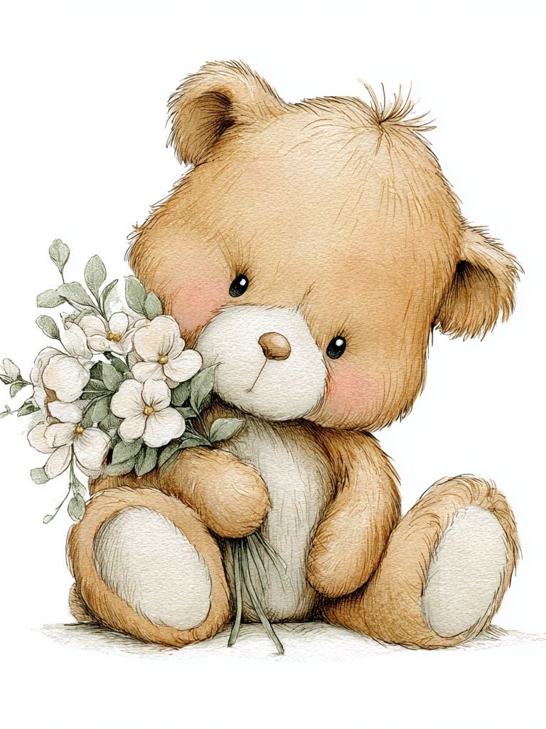 Cute Teddy Bear with Flowers — Illustration Print. poster — kids art