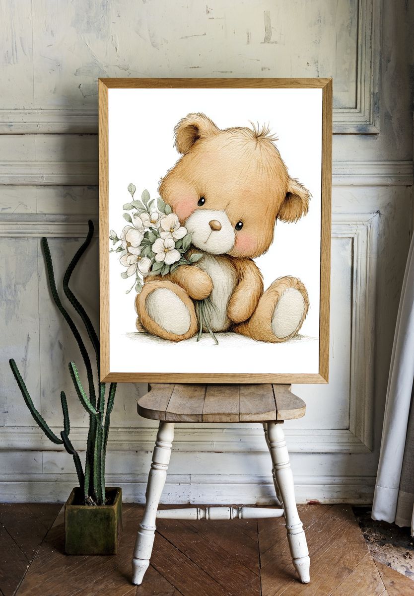 Cute Teddy Bear with Flowers — Illustration Print. — room view 1