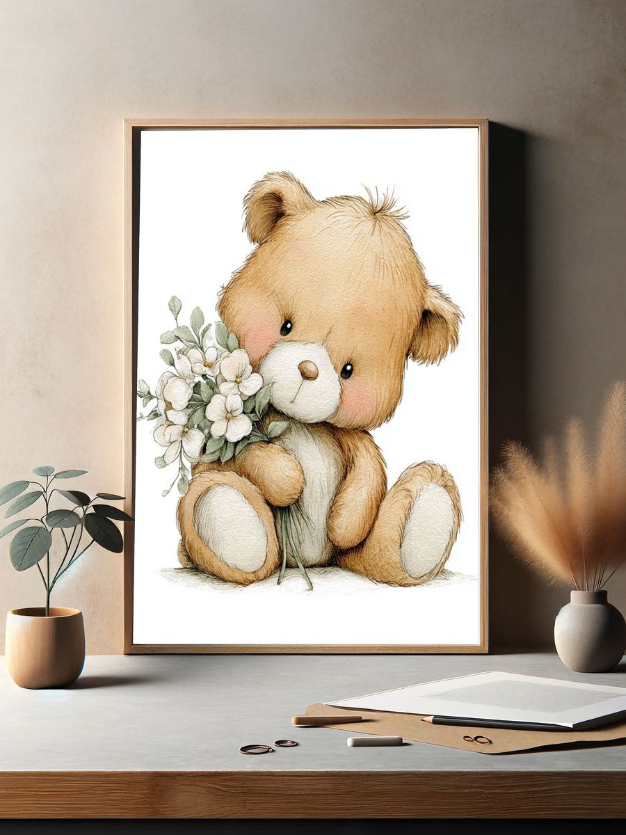 Cute Teddy Bear with Flowers — Illustration Print. — room view 2
