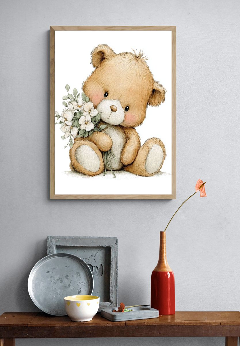 Cute Teddy Bear with Flowers — Illustration Print. — room view 3