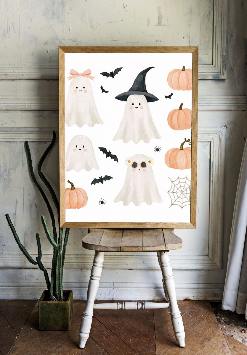 Cute Halloween Ghosts Watercolor Poster. room preview