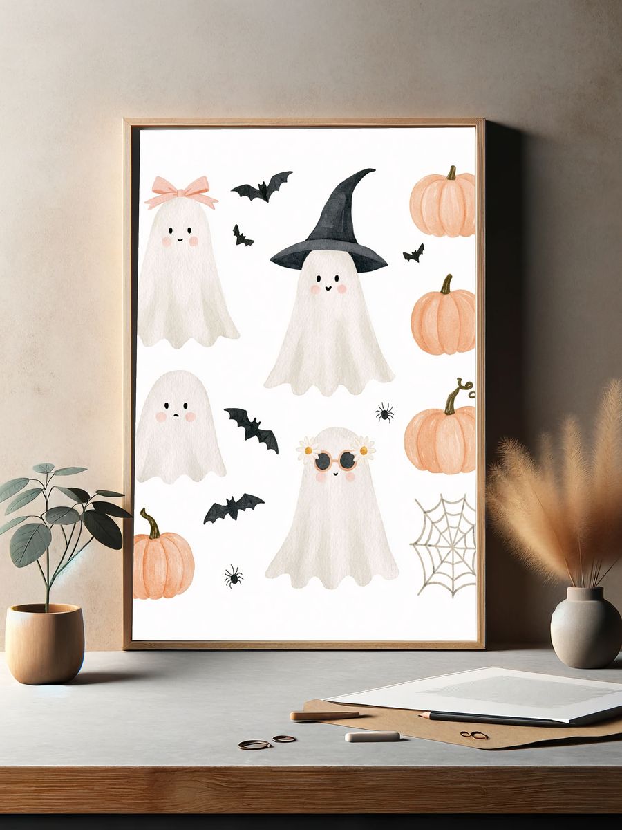 Cute Halloween Ghosts Watercolor Poster. — room view 2