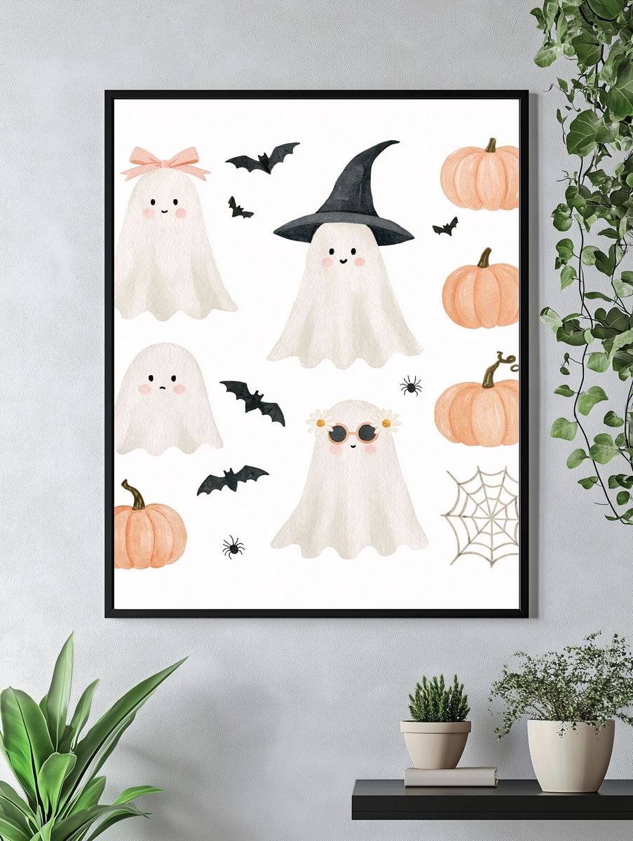 Cute Halloween Ghosts Watercolor Poster. — room view 4