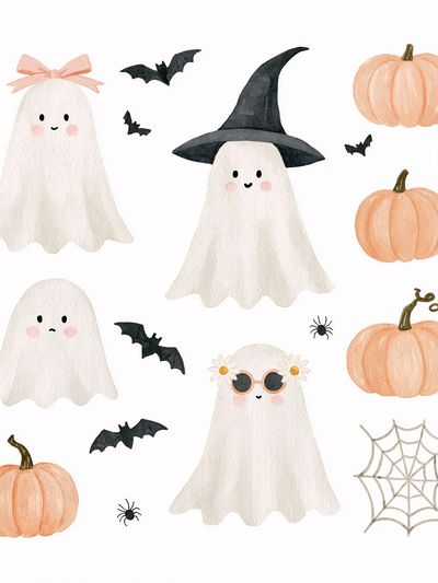 Cute Halloween Ghosts Watercolor Poster.
