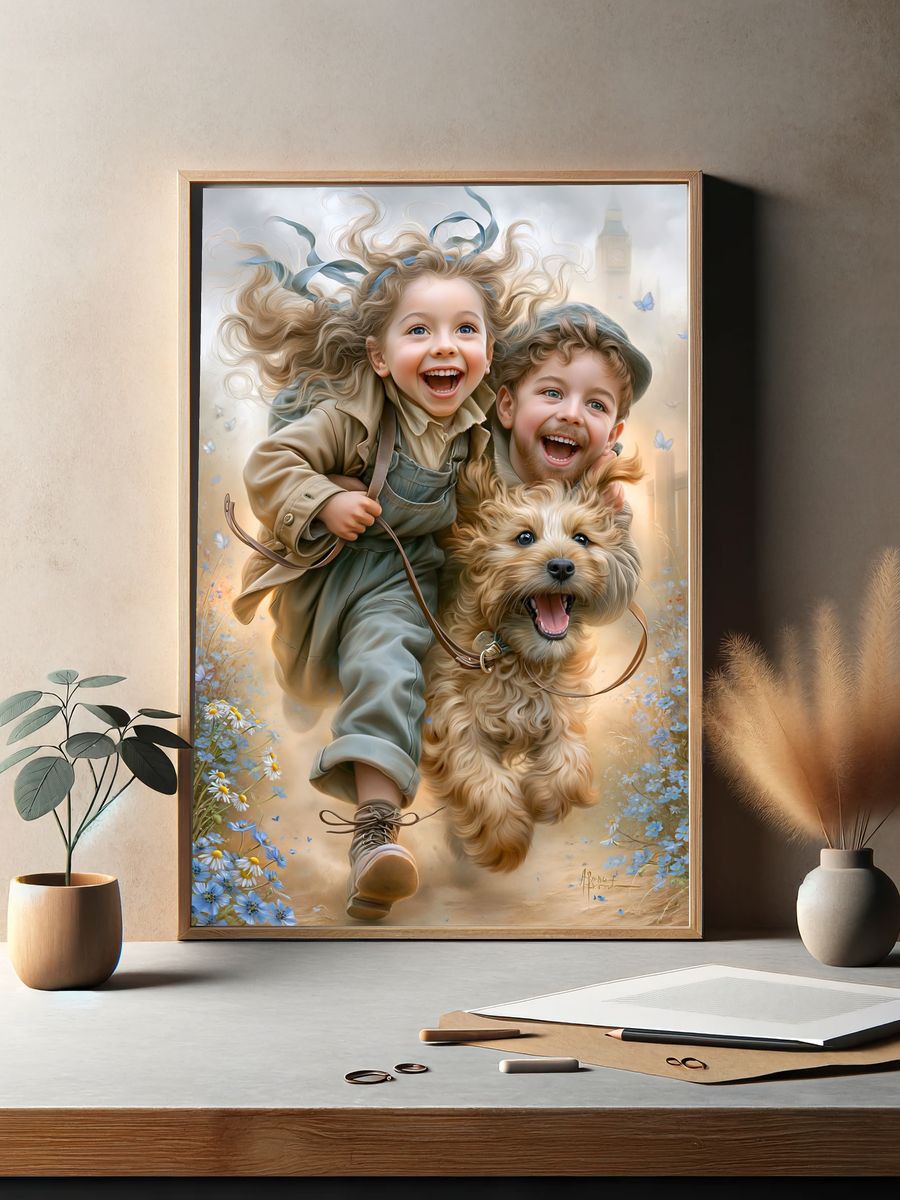 Joyful Children and Dog Illustration Poster. — room view 2