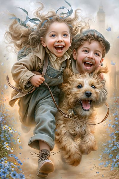 Joyful Children and Dog Illustration Poster. poster