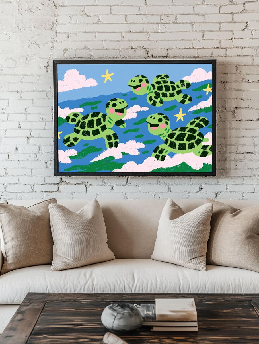Playful Turtles in the Sky Print. room preview