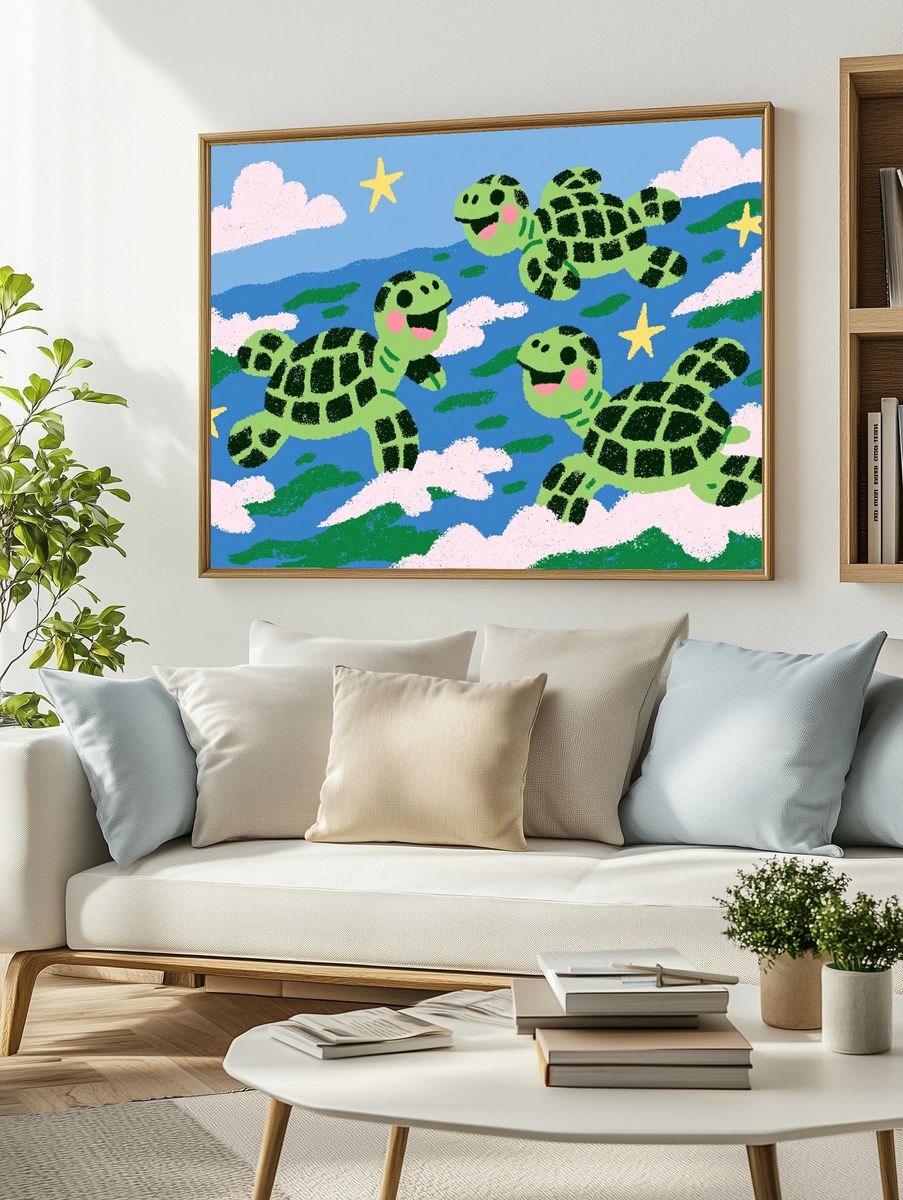 Playful Turtles in the Sky Print. — room view 2