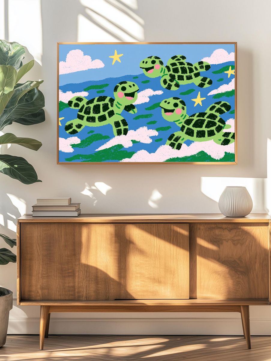 Playful Turtles in the Sky Print. — room view 3