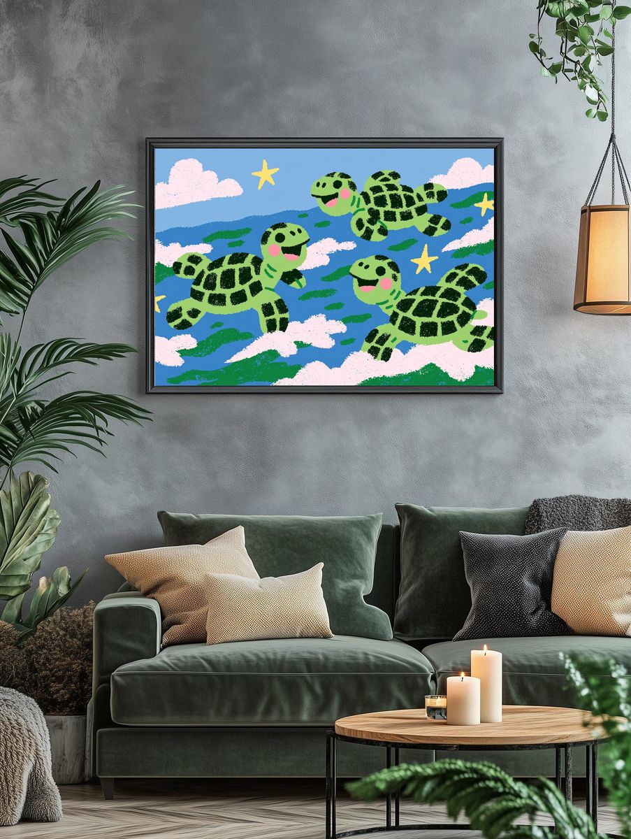 Playful Turtles in the Sky Print. — room view 4