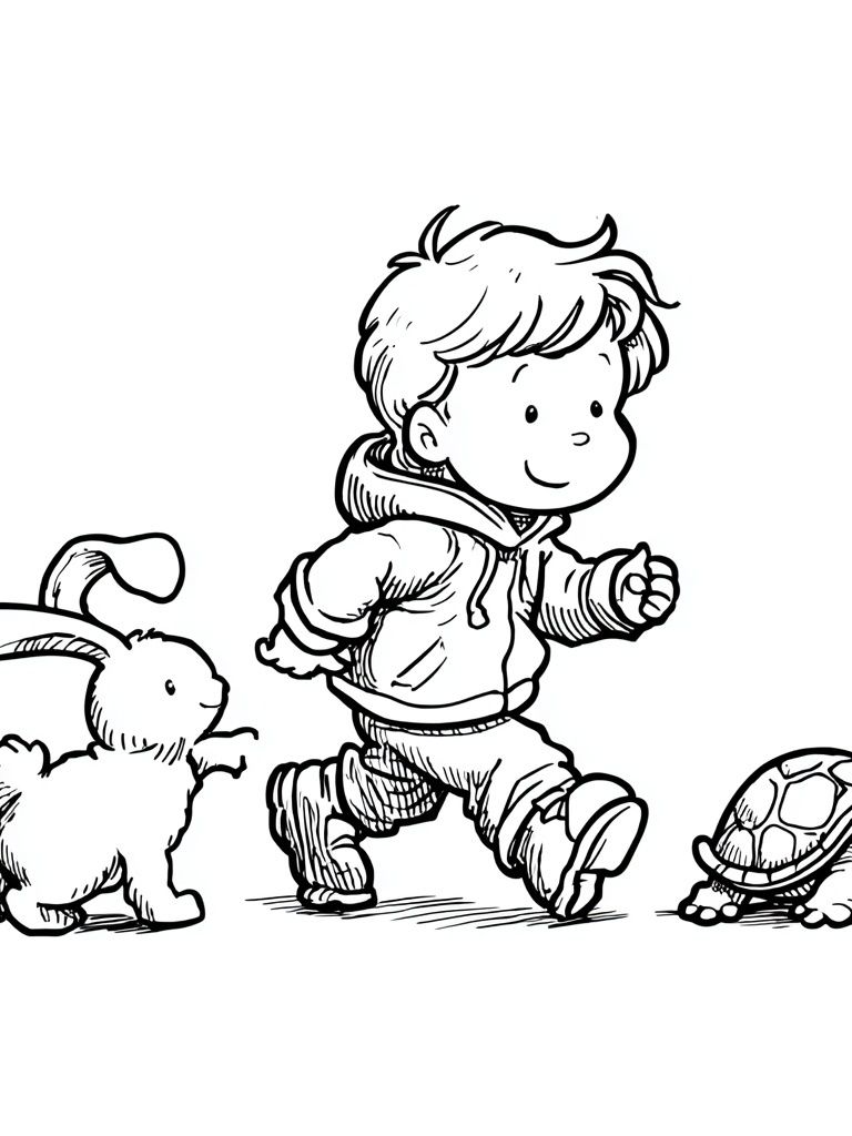 Boy with Bunny and Turtle — Illustration Print. poster detail