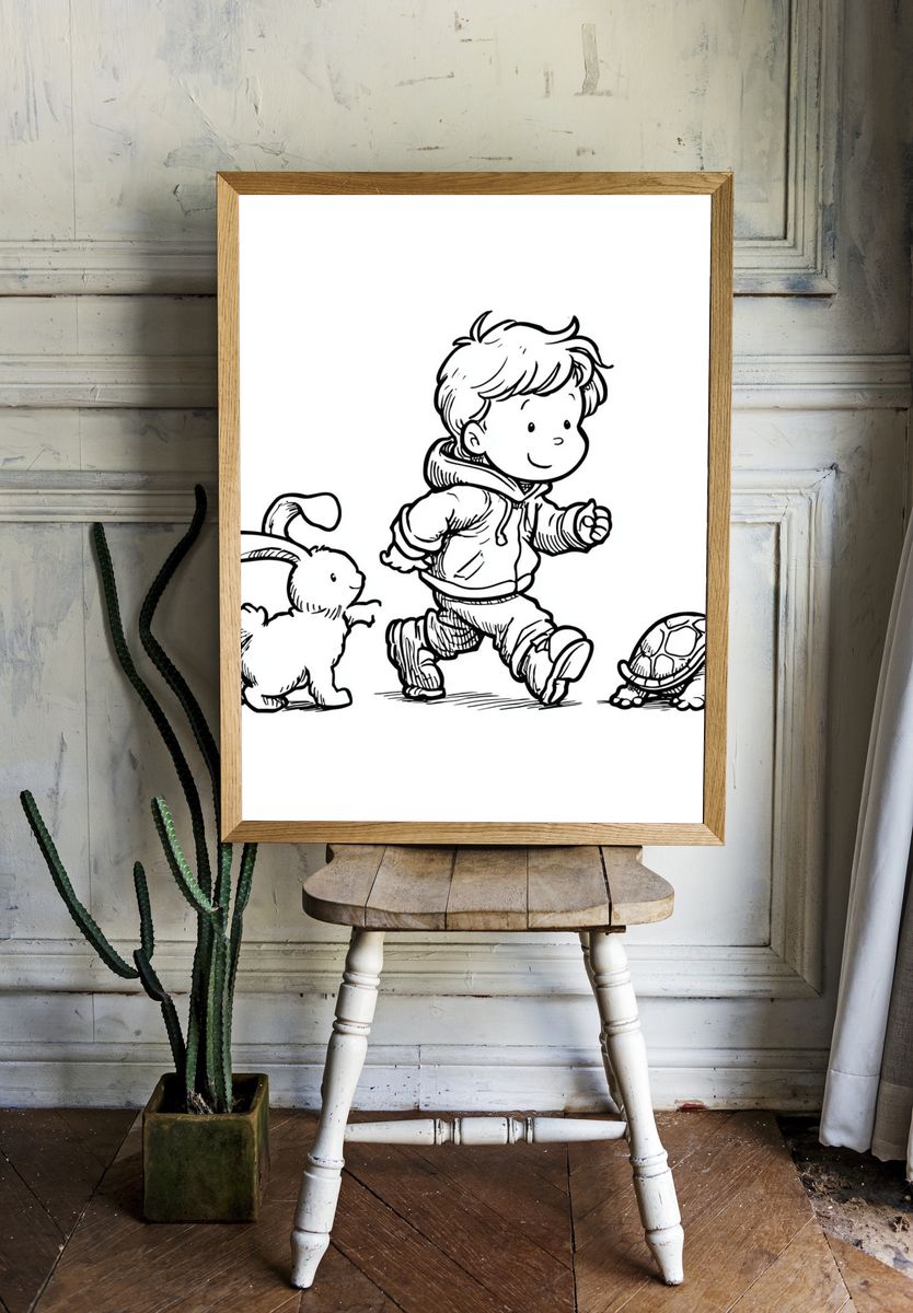 Boy with Bunny and Turtle — Illustration Print room preview