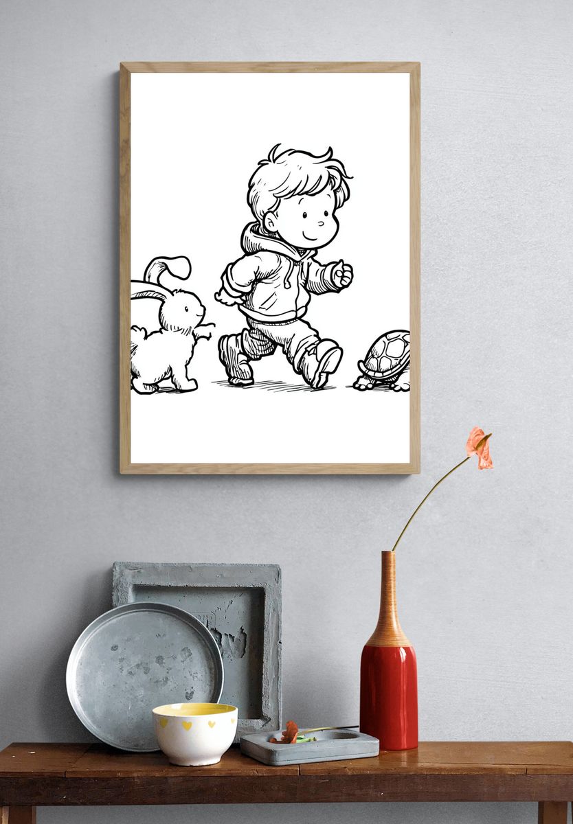 Boy with Bunny and Turtle — Illustration Print. — room view 3