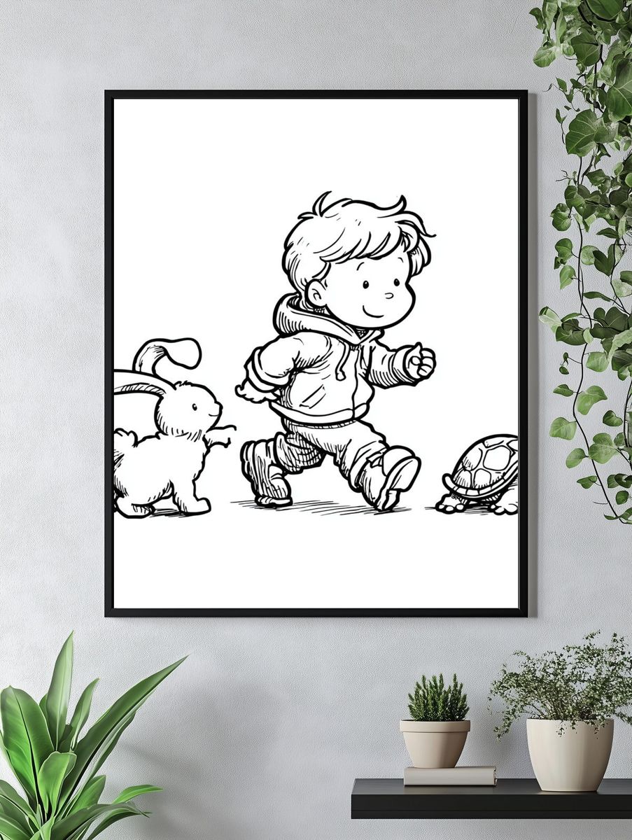 Boy with Bunny and Turtle — Illustration Print. — room view 4