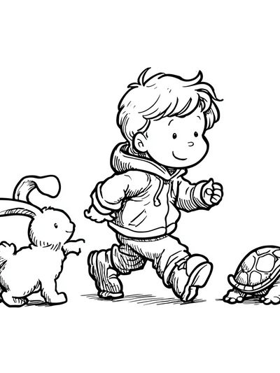 Boy with Bunny and Turtle — Illustration Print
