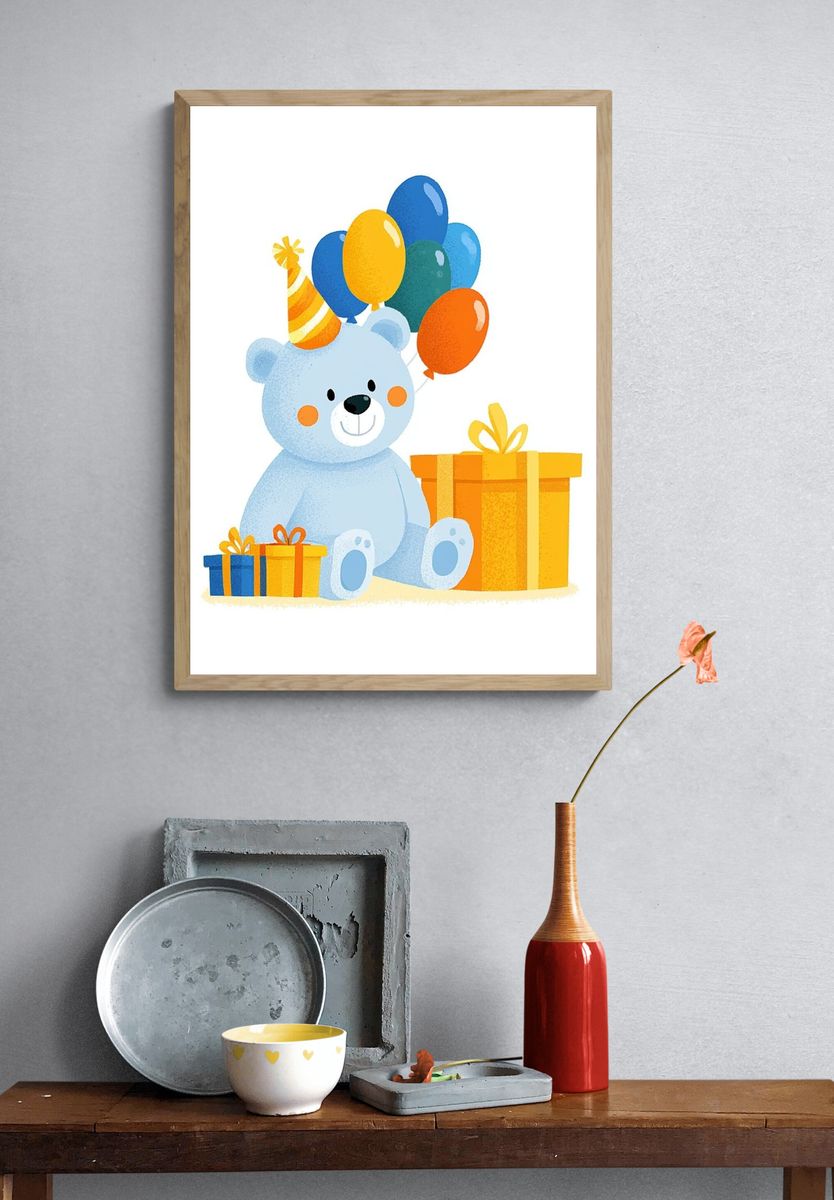 Birthday Bear Illustration Poster. — room view 3