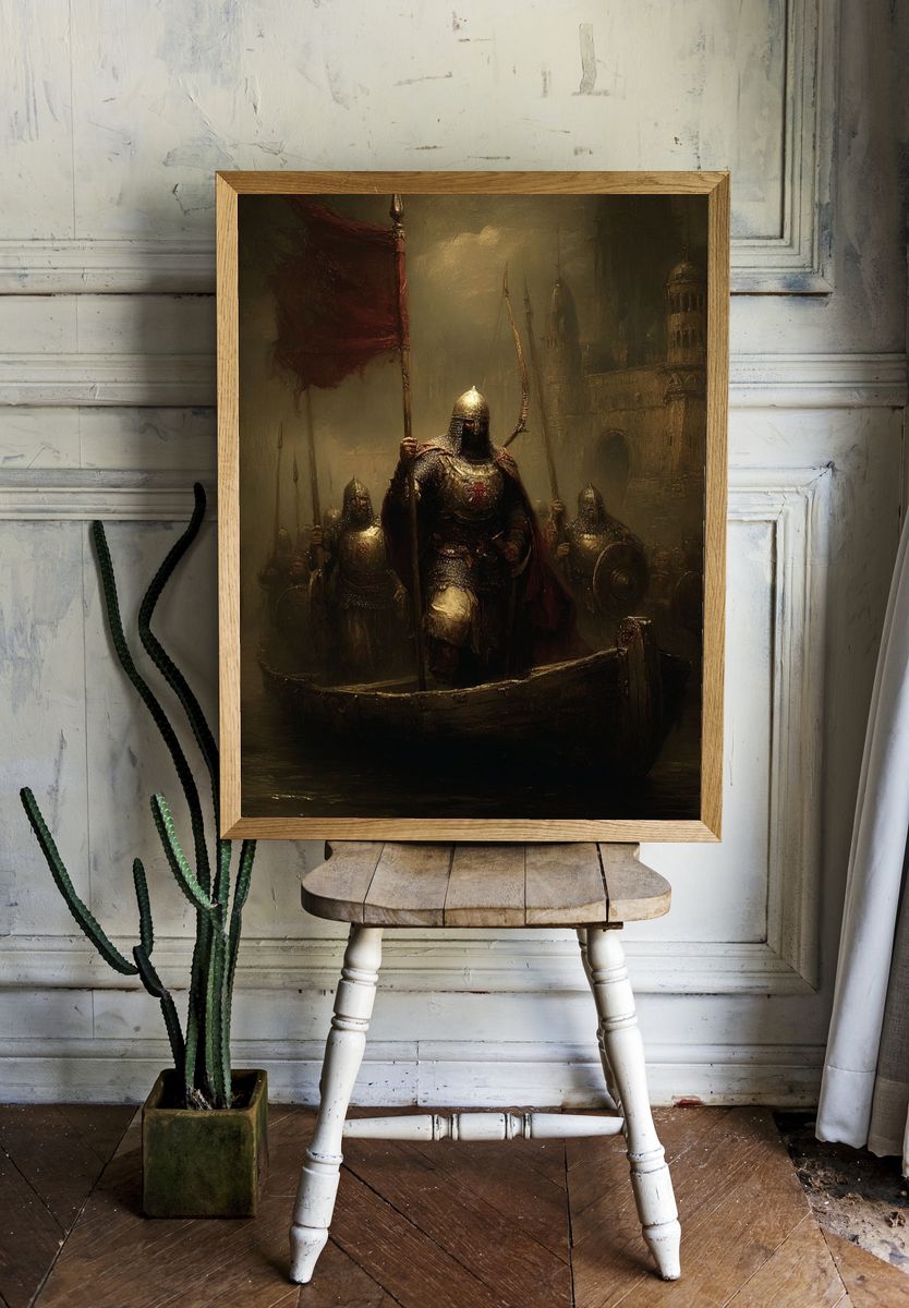 Medieval Knights on a Boat — Fine Art Print. — room view 1