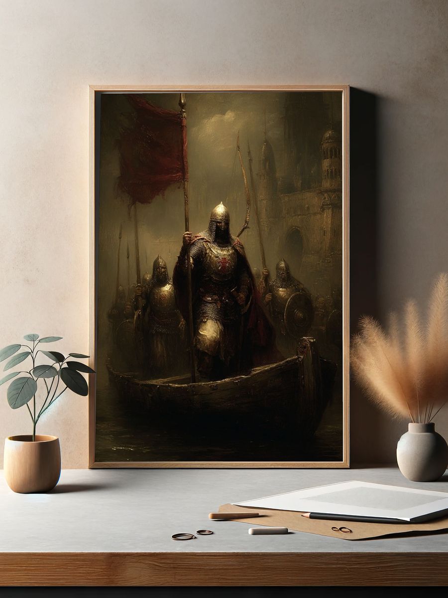 Medieval Knights on a Boat — Fine Art Print. — room view 2