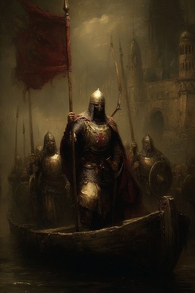 Medieval Knights on a Boat — Fine Art Print. poster print