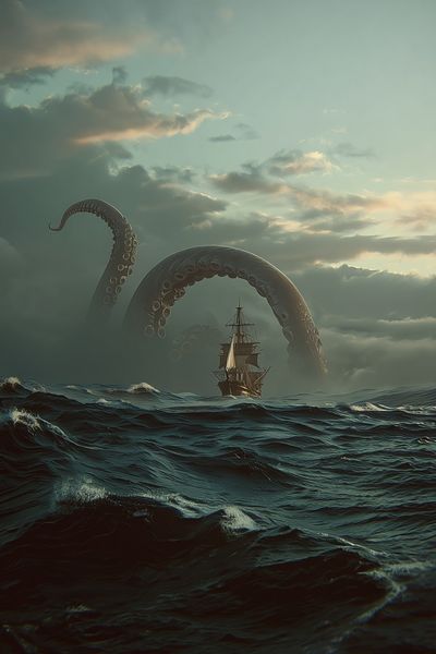 Kraken Encounter — Fantasy Art Print. poster