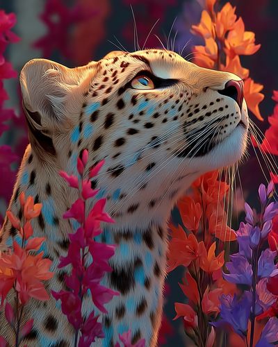 Leopard Among Flowers — Illustration Print. poster