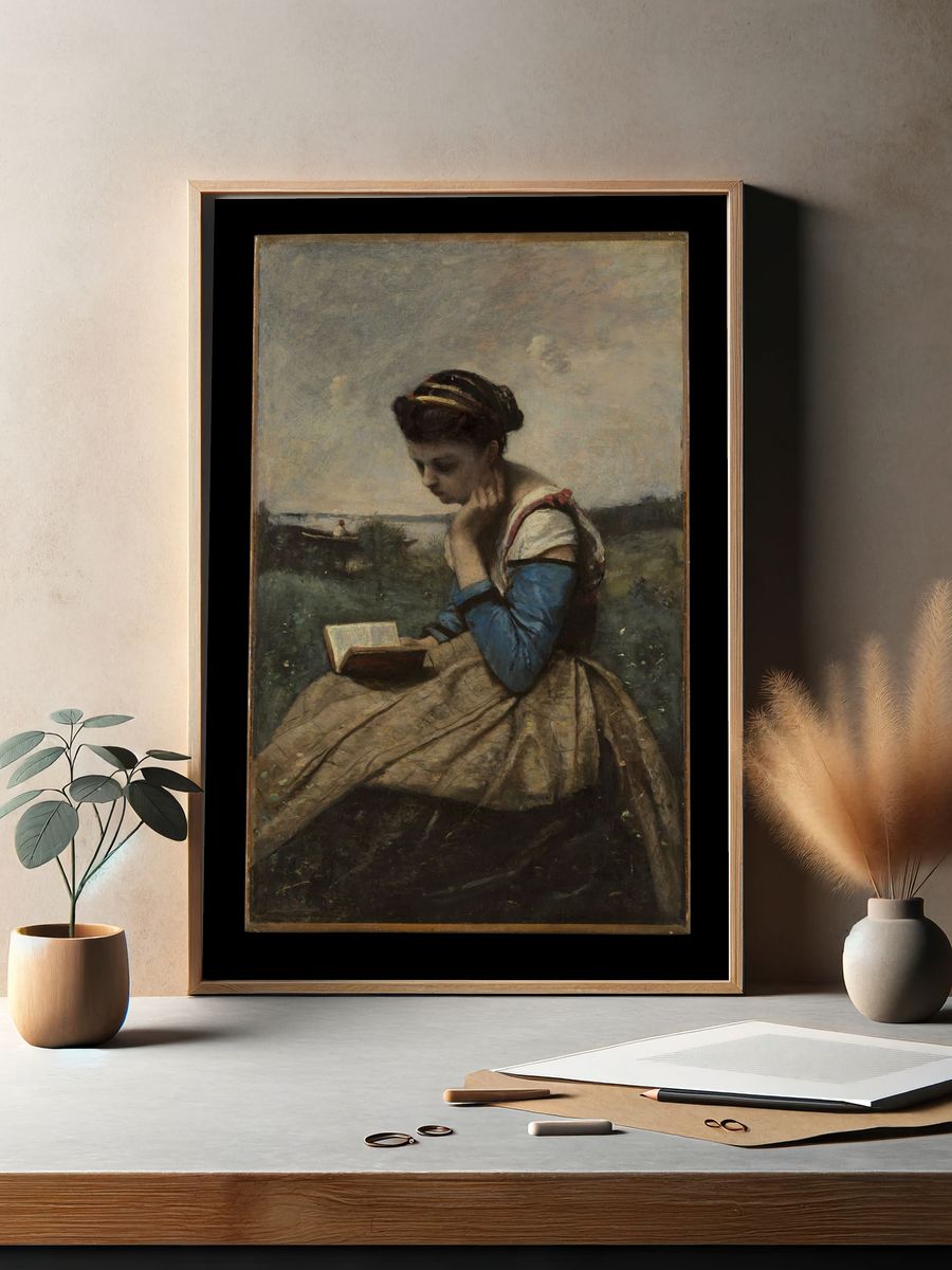 A Woman Reading by Camille Corot — Art Print. — room view 2