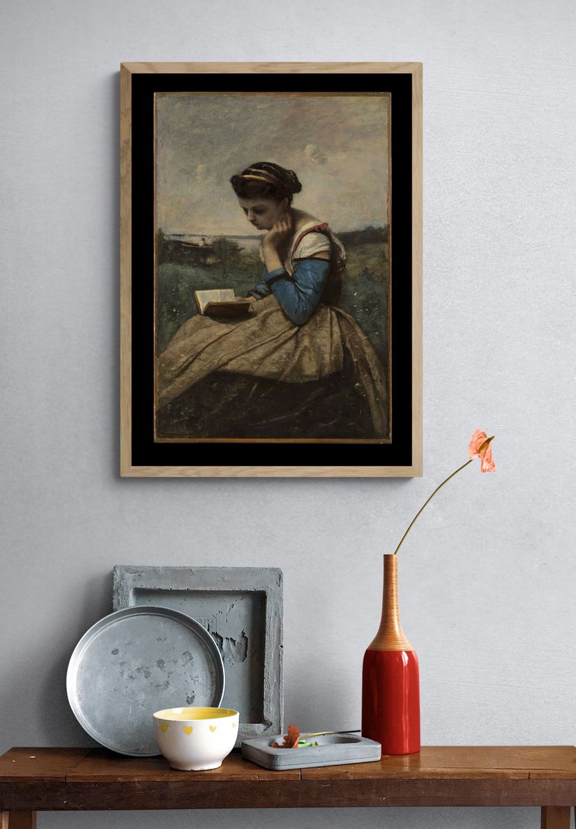 A Woman Reading by Camille Corot — Art Print. — room view 3