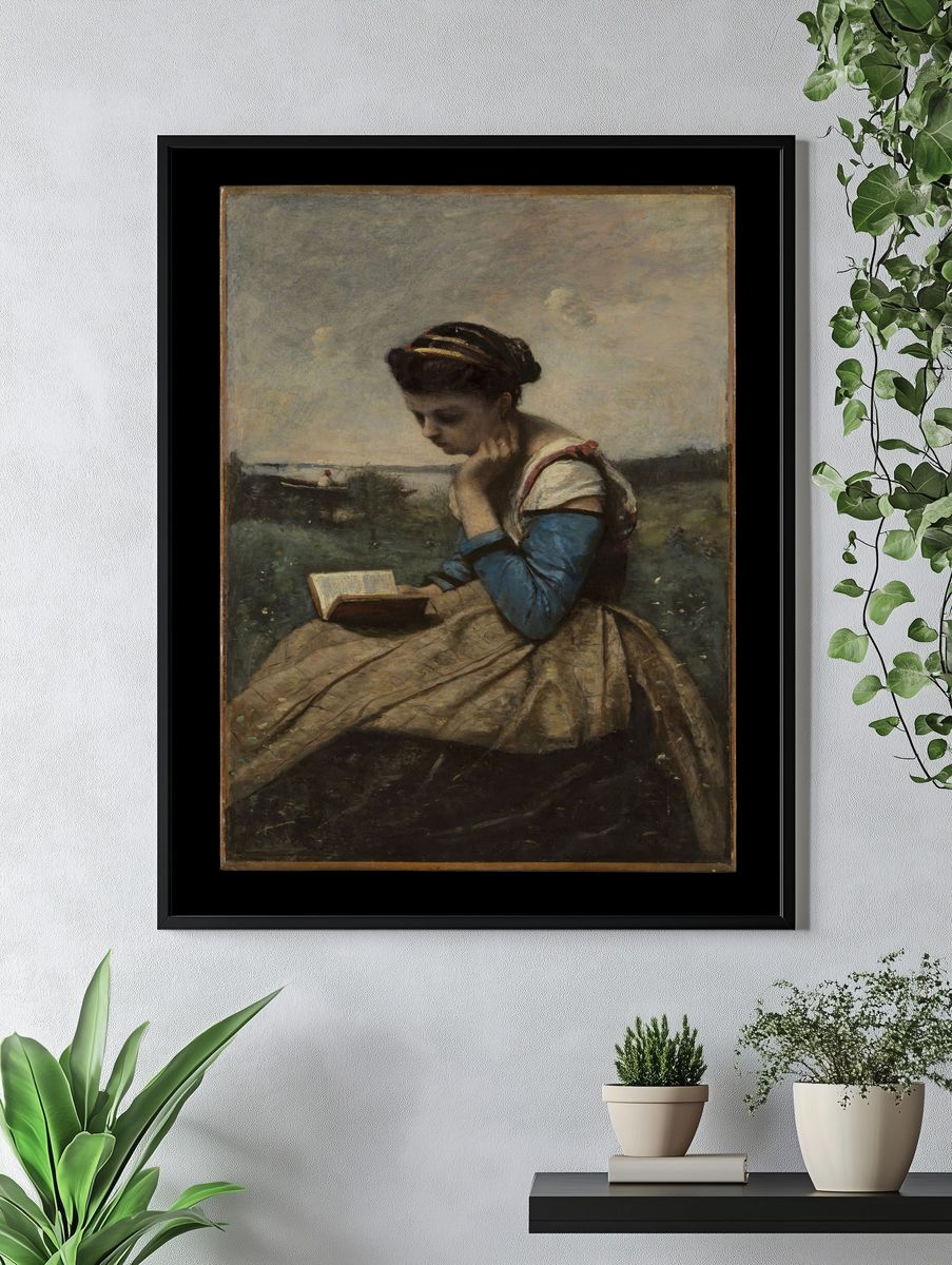 A Woman Reading by Camille Corot — Art Print. — room view 4