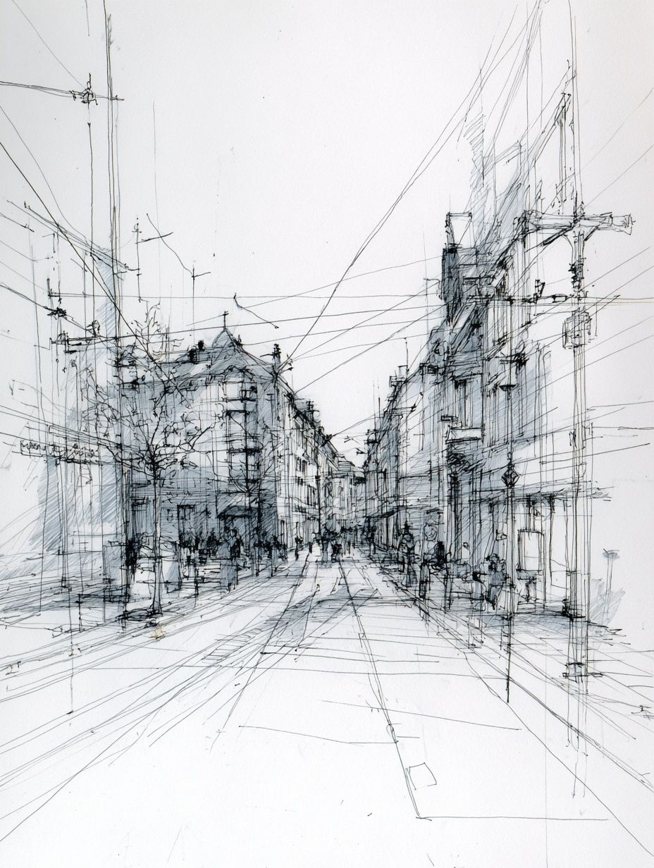 Urban Street Scene — Line-Art Print. poster — illustration art