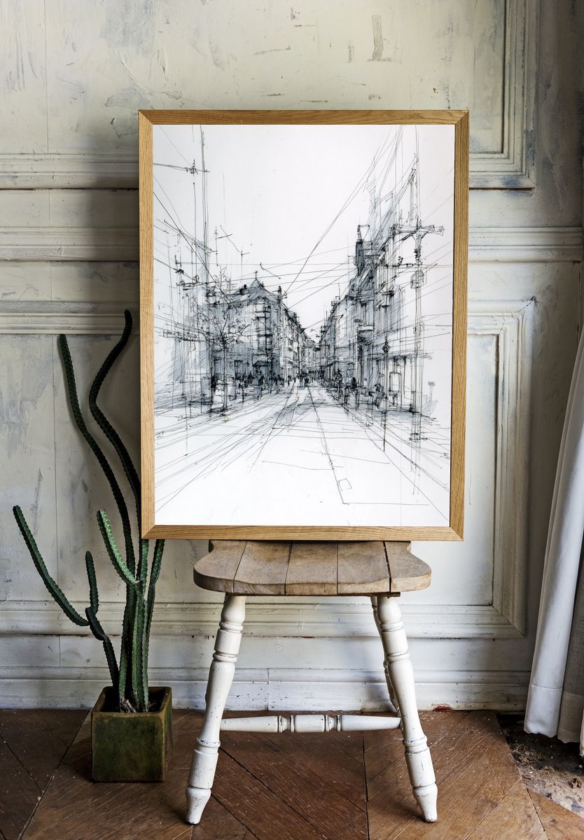 Urban Street Scene — Line-Art Print. — room view 1