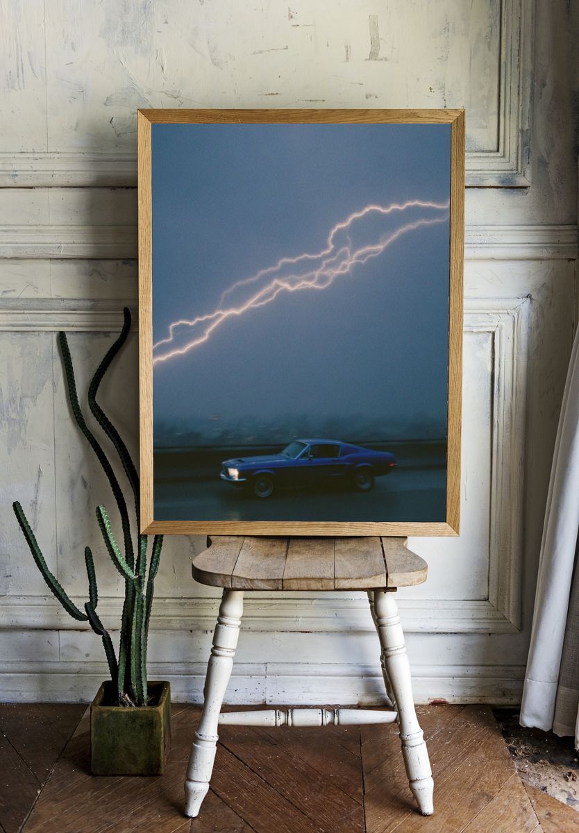 Lightning Strike with Classic Car Poster. — room view 1