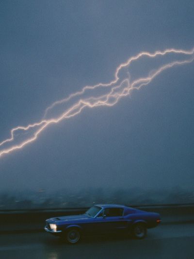 Lightning Strike with Classic Car Poster. poster