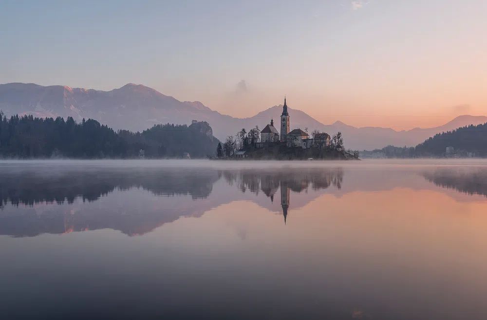 Misty Lake Church Landscape Poster. poster detail