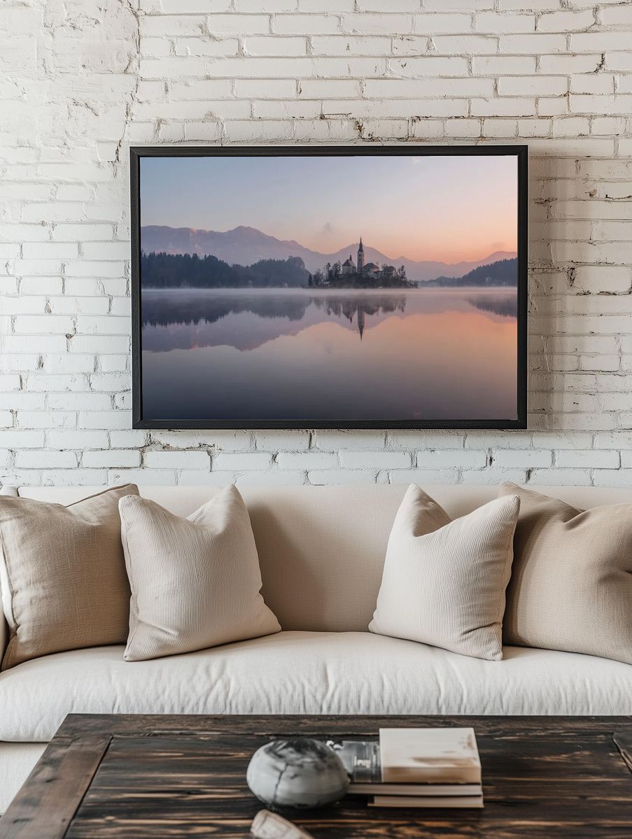 Misty Lake Church Landscape Poster. — room view 1
