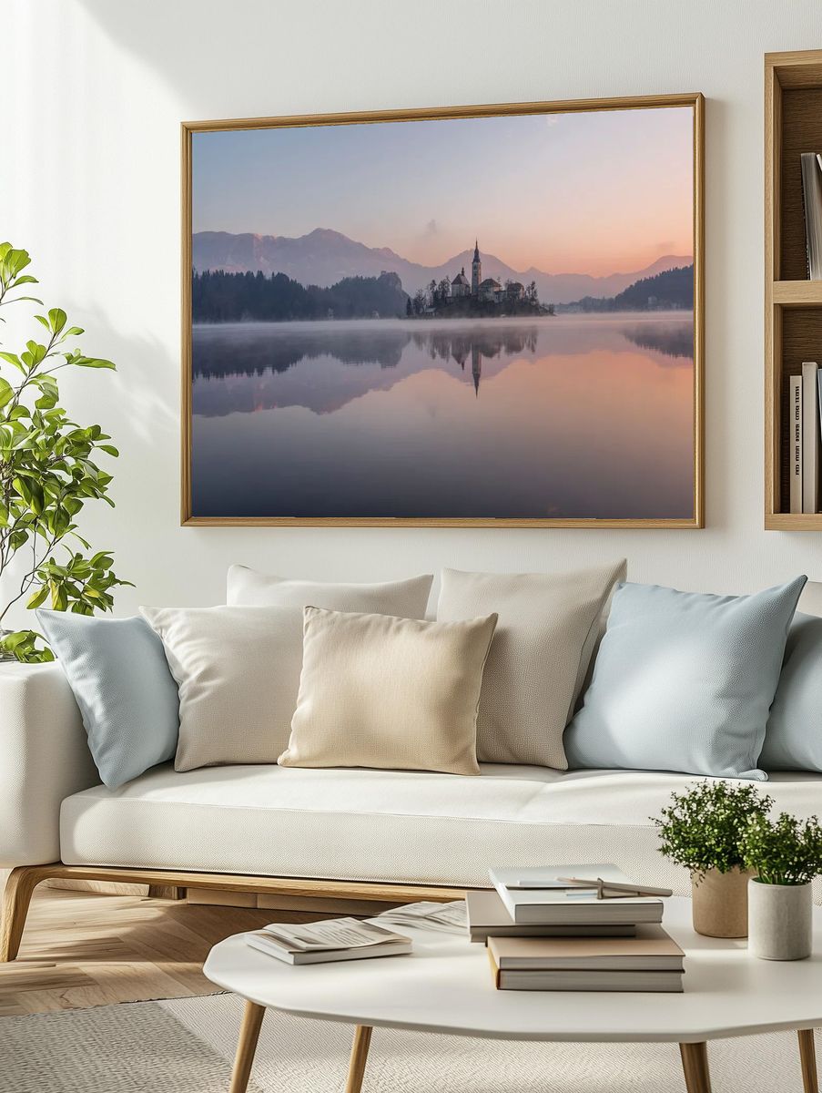 Misty Lake Church Landscape Poster. — room view 2