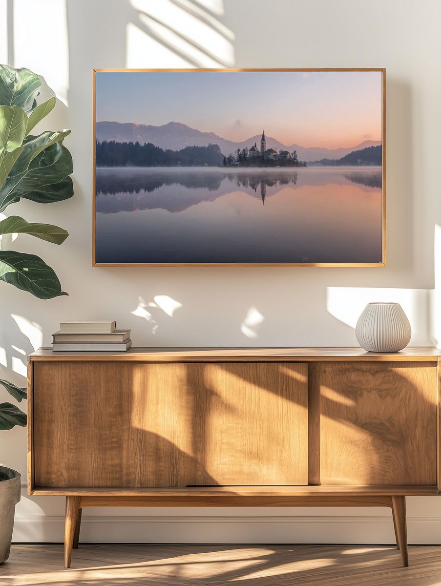 Misty Lake Church Landscape Poster. — room view 3