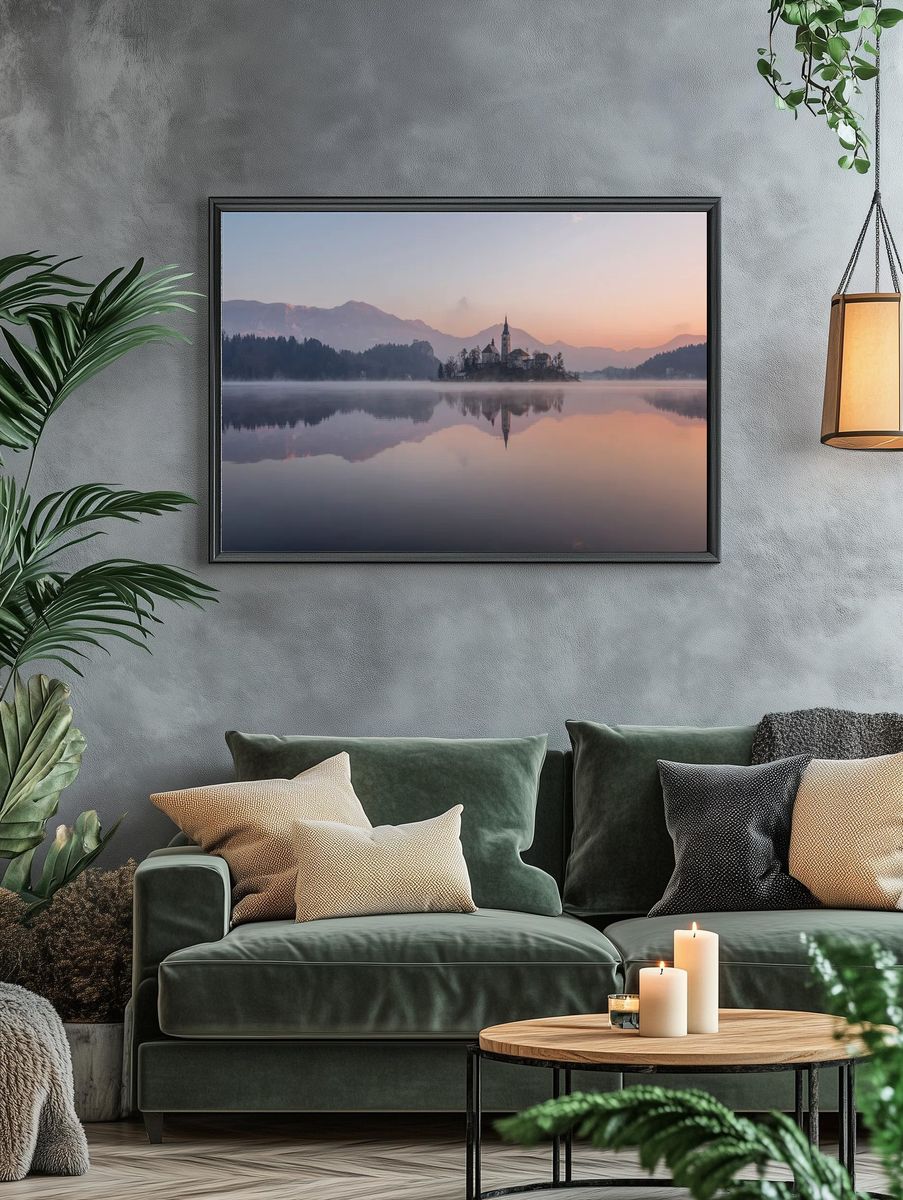 Misty Lake Church Landscape Poster. — room view 4