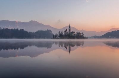 Misty Lake Church Landscape Poster. poster print