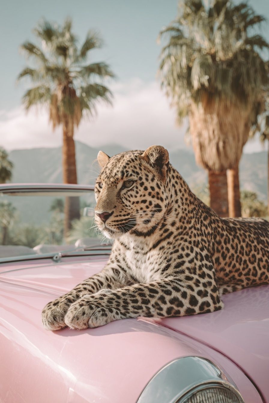 Leopard on Pink Car — Photography Print. poster — animals art